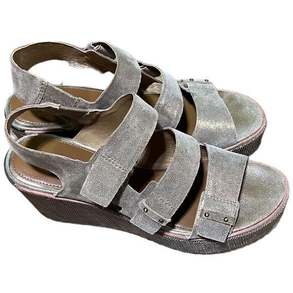 Donald Pliner Size 9 Iris Leather Raffia Platform Wedge Sandal Metallic - Picture 3 of 10